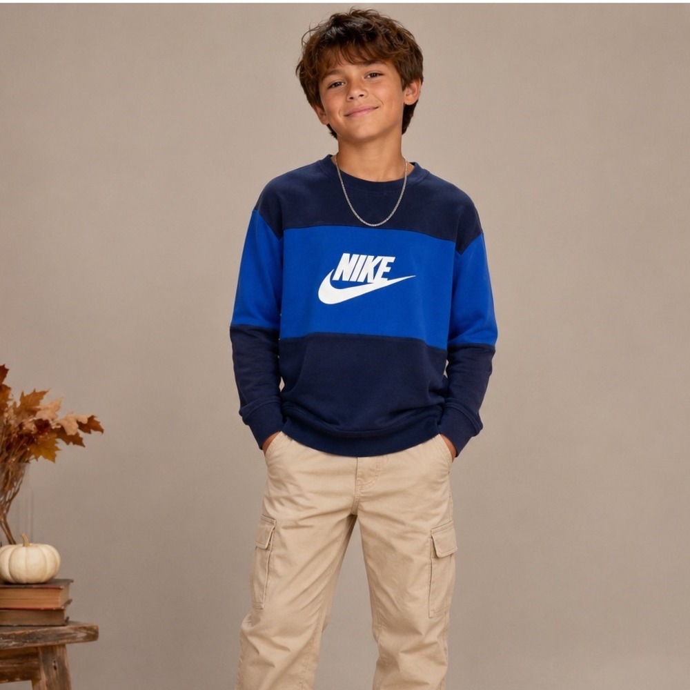 Kids Nike Color Block Crewneck Sweatshirt Blue Navy Logo Size L